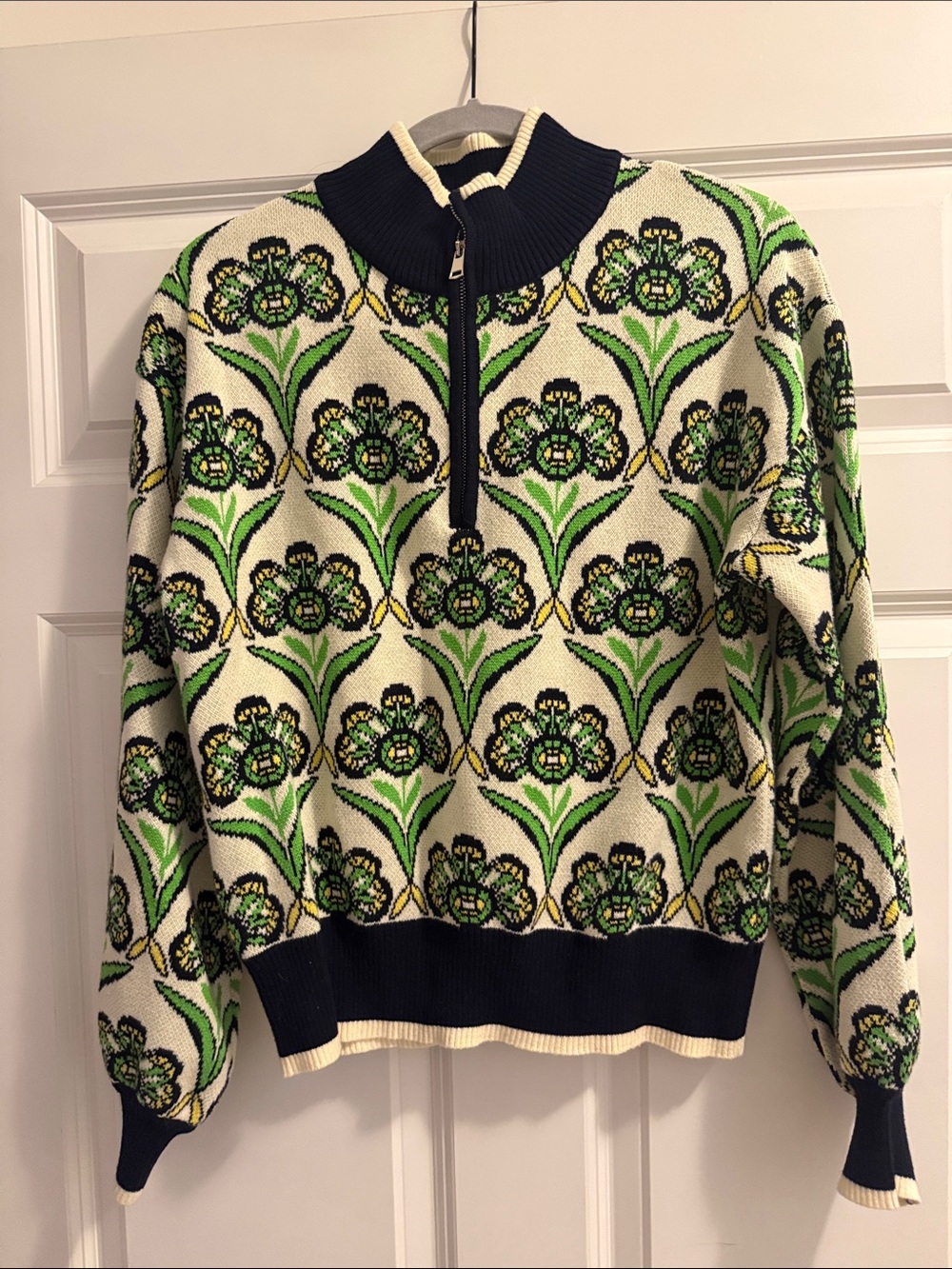 Cream and Green Floral Quarter-Zip Sweater
